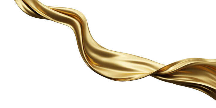 Luxury gold fabric flowing in the wind isolated on transparent background with copy space 3D render