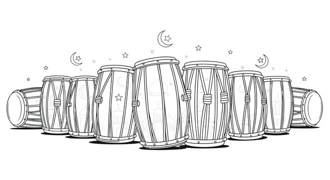 Line art illustration depicting a row of festive percussion drums adorned with stars and crescent moons.