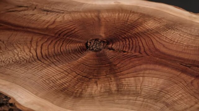 Close-up of a polished live edge wood slab showing intricate growth rings and natural texture