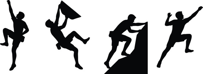Set of black silhouettes featuring male rock climbers scaling mountains bouldering and participating in extreme outdoor sports activities on white background © Mokbul