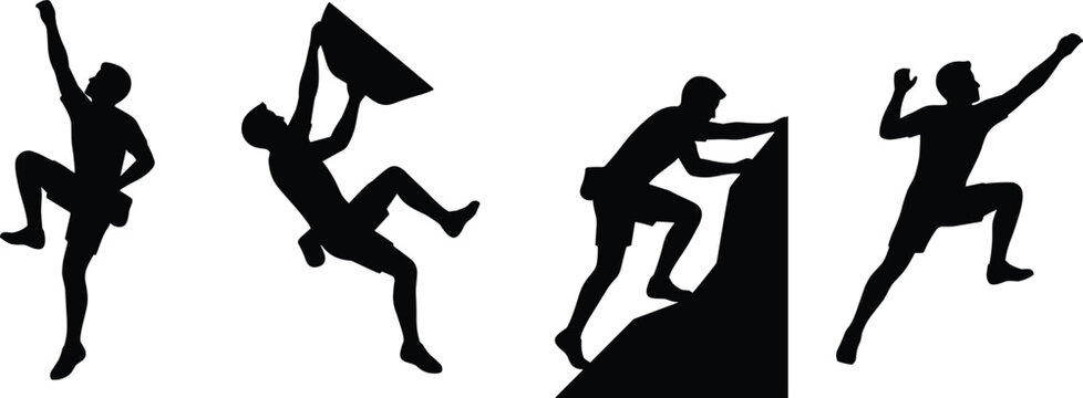 Set of black silhouettes featuring male rock climbers scaling mountains bouldering and participating in extreme outdoor sports activities on white background