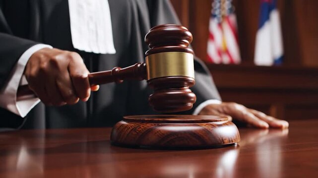 A person in a judicial robe strikes a wooden gavel on a sounding block.