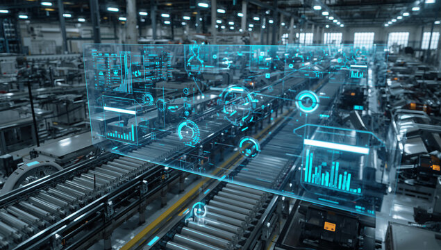 無人の工場生産ライン上にホログラム管理画面が重なるスマートファクトリー監視イメージ