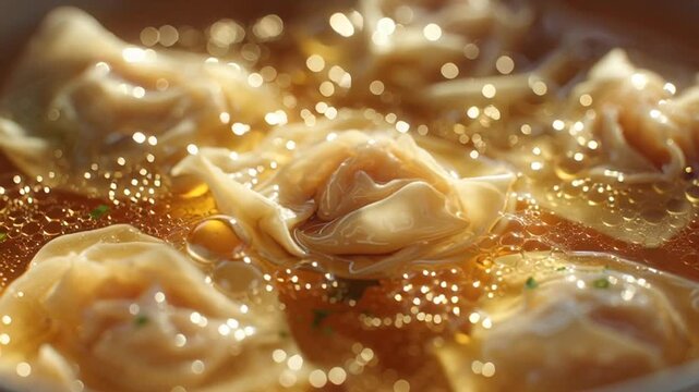 Steamed Dumplings in Savory Broth with Sparkling Oil Droplets