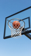 Naklejka premium Orange Basketball Going Through a Silver Rim and White Net on a Transparent Backboard with Dark Frame, Clear Blue Sky Background, Outdoor Basketball Concept, Generative AI Illustration