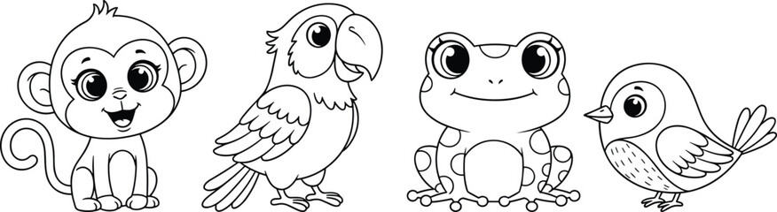 Cute cartoon animal outline set, monkey parrot frog bird characters, kids coloring book style, black white vector illustration isolated © MDALRAFIN