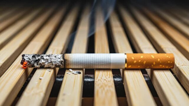 A lit cigarette with smoke rising from it, placed on a wooden surface with a natural pattern