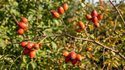 Obraz premium Branch with fresh ripe rosehip fruits in garden, green leaves background, autumn botanical plant