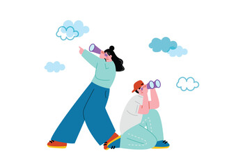 望遠鏡でリサーチする男女