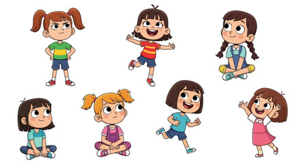 Group of young girls engaging in various playful activities and poses in a lively illustration