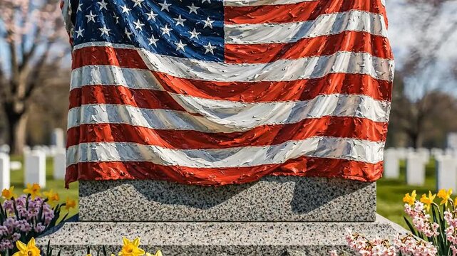American Flag Draped Over a Memorial Stone in a Cemetery with Flowers.