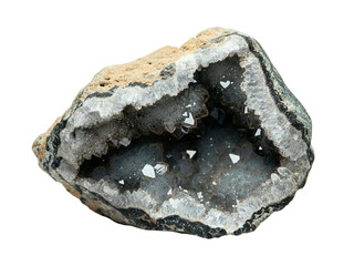 Geode with sparkling drusy crystals, isolated on a clear background, viewed from above, showcasing its natural beauty and intricate details