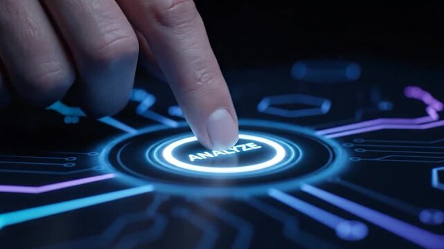 Finger presses "ANALYZE" button on futuristic interface with glowing circuit board
