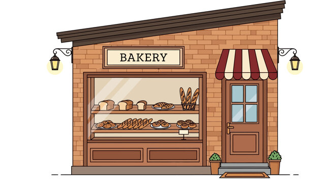 Illustration of a bakery storefront with a brick exterior and inviting display window