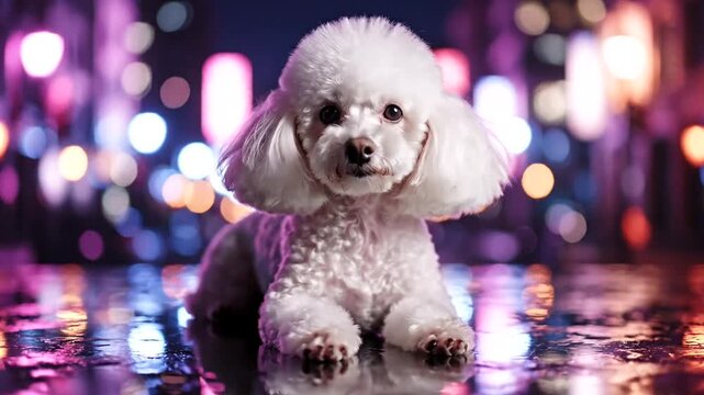 White poodle dog sitting on wet street.