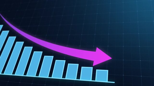 3D Animated Financial decline with falling blue bar chart and glowing neon downward arrow. Ideal for business loss, revenue drop, market crash, negative trend, and economic downturn visuals