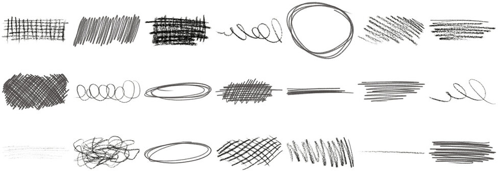 hand-drawn gray pencil scribbles and doodle textures, including hatching, shading, and swirls, on a pure transparent background.