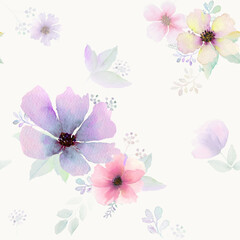 Modern botanical wildflower collage in watercolor, featuring hand-painted florals in soft pastel tones