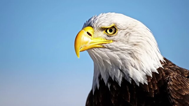 Majestic Bald Eagle Portrait Against Clear Blue Sky.