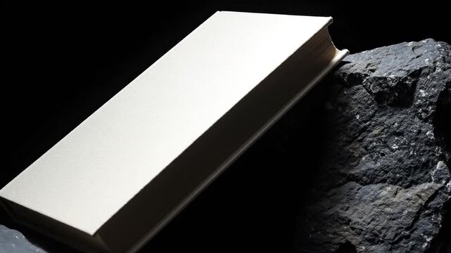 A white closed book rests on a rough dark surface, suggesting a blend of refinement and raw elements
