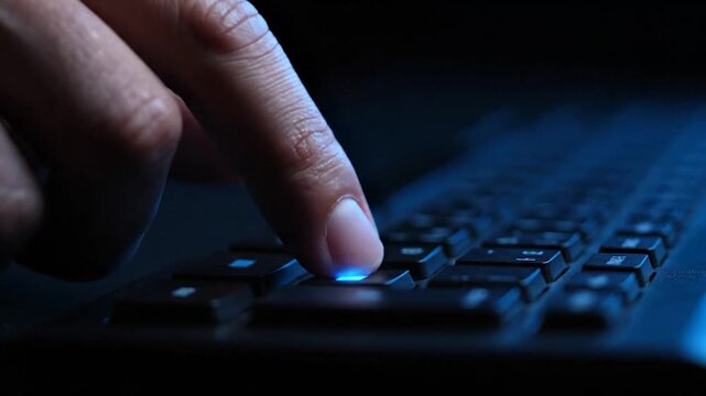Finger pressing illuminated key on a backlit keyboard. Dark, moody shot with blue light focus