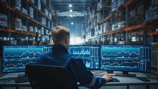 Warehouse worker monitors stock market data on multiple computer screens in a modern distribution center
