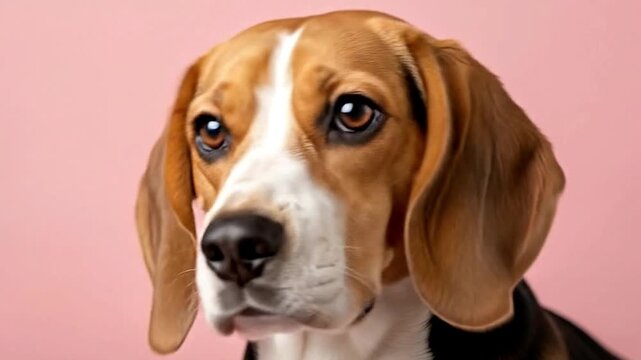 A captivating close-up portrait of an adorable tri-color domestic dog, likely a beagle, set against a vibrant pink studio background. The intelligent canine gazes intently, displaying a range of curio