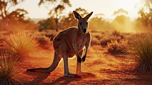 Kangaroo standing in Australian outback at sunset with joey in pouch.