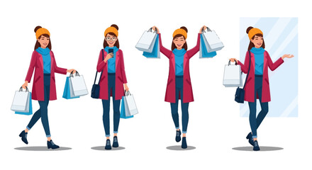 Fototapeta premium Woman walking with shopping bags in various poses and gestures in a studio setting