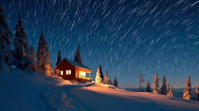 Cozy Wooden Cabin Beneath Sweeping Star Trails Winter Night Serenity.