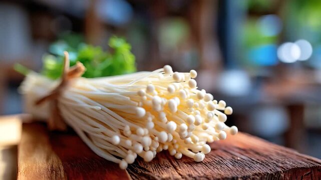 机の上に置かれた新鮮なえのき茸