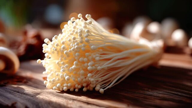 机の上に置かれた新鮮なえのき茸
