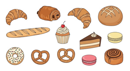 Assorted baked goods including croissants, bread, cake, and pastries displayed on a clean white background, viewed from directly above.