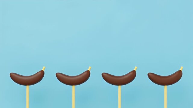 Four Chocolate Covered Bananas on Sticks Against Blue Background.