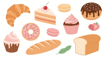 Assorted baked goods including cakes, pastries, and bread displayed together on a clean white background in a digital illustration.