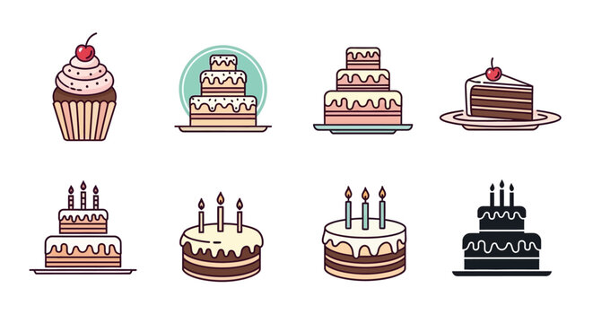 Assorted cakes and desserts, including cupcakes and multi-tiered cakes, displayed on plates from a straightforward viewpoint.