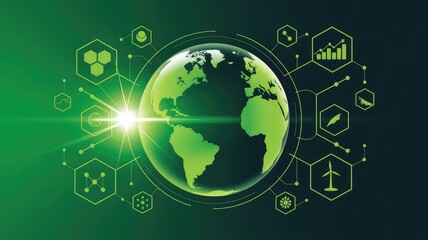 Green Earth globe with bright light surrounded by connected hexagons symbolizing global technology environmental data and solution