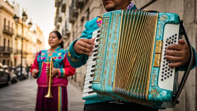 Traditional Mexican musicians playing accordion and trumpet on a city street