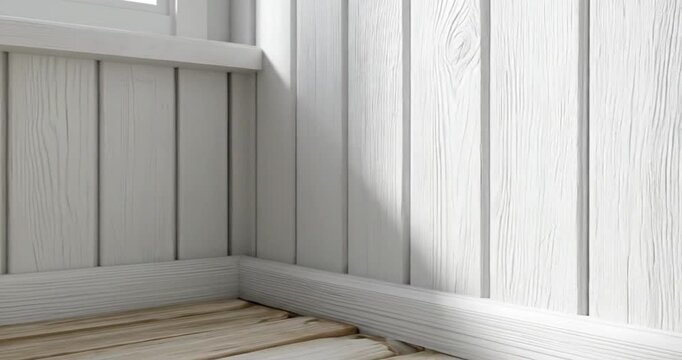 A pristine, minimalist interior corner featuring bright white wooden wall panels with visible grain texture, perfectly complemented by light-toned wooden floorboards. The clean lines and natural mater