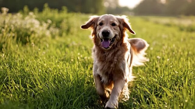 Happy Golden Retriever Running in Green Field.