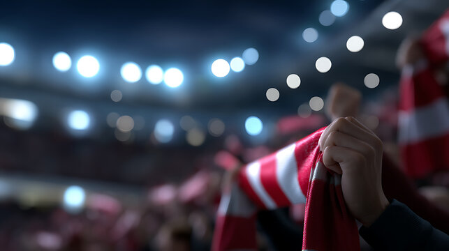 Excited fans waving scarves in a crowded stadium filled with bright lights. A sea of vibrant colors and collective energy
