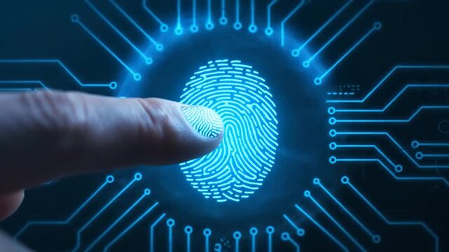 Finger touching a glowing fingerprint within a circuit board design. Security & tech concept