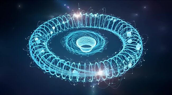 Abstract glowing blue toroidal energy field with swirling core, representing advanced technology or scientific concept.