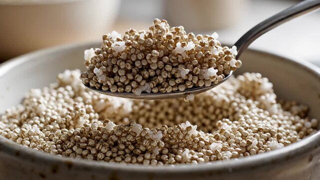 Close-up of cooked quinoa being scooped from a bowl with a spoon, healthy grain food