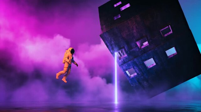 Astronaut floats in neon-lit nebula near abstract cubical structure with glowing entrance