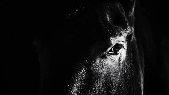Close-up dramatic black and white portrait of a majestic horse's eye in shadow