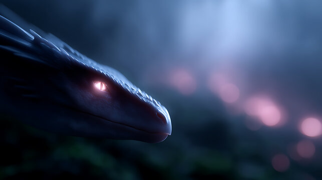 A mesmerizing close-up of a serpent with glowing eyes amidst a misty atmosphere. The serpent is the focal point, its gaze intense and captivating, set against a blurred background