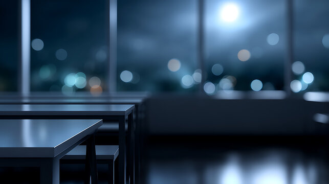 Nighttime urban view through the window of a modern office space, tables in the front and a bright city light outside, a serene and contemplative atmosphere. 
