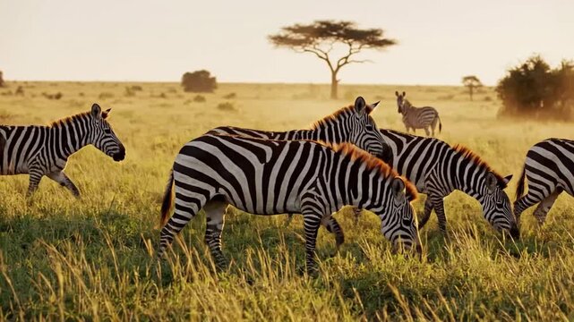 Group of zebras grazing in a savannah landscape.
