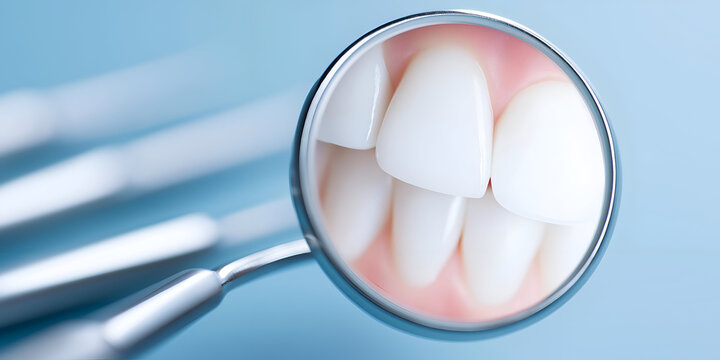 A close-up view of healthy white teeth through a dental magnifying lens, showcasing dental care and hygiene.